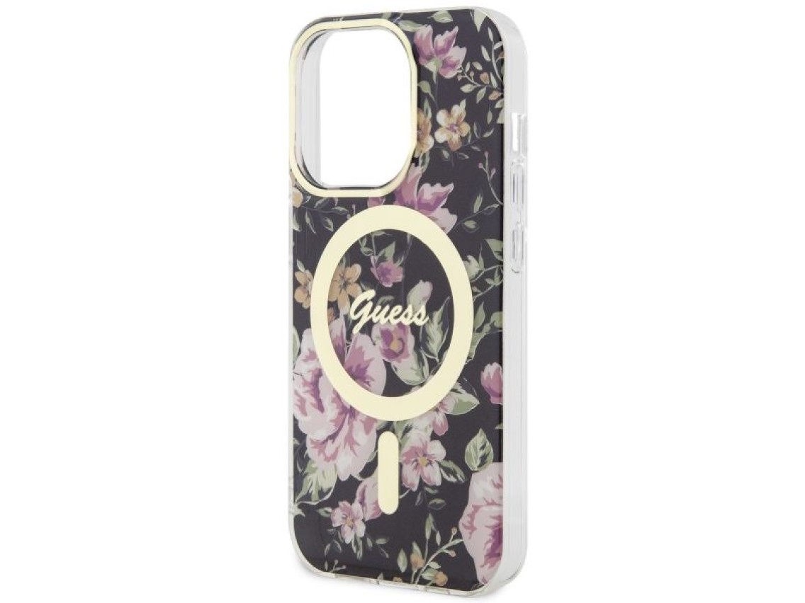 Capa rígida preta/preta com estampa floral e MagSafe Guess GUHMP14LHCFWSK para iPhone 14 Pro de 6,1"