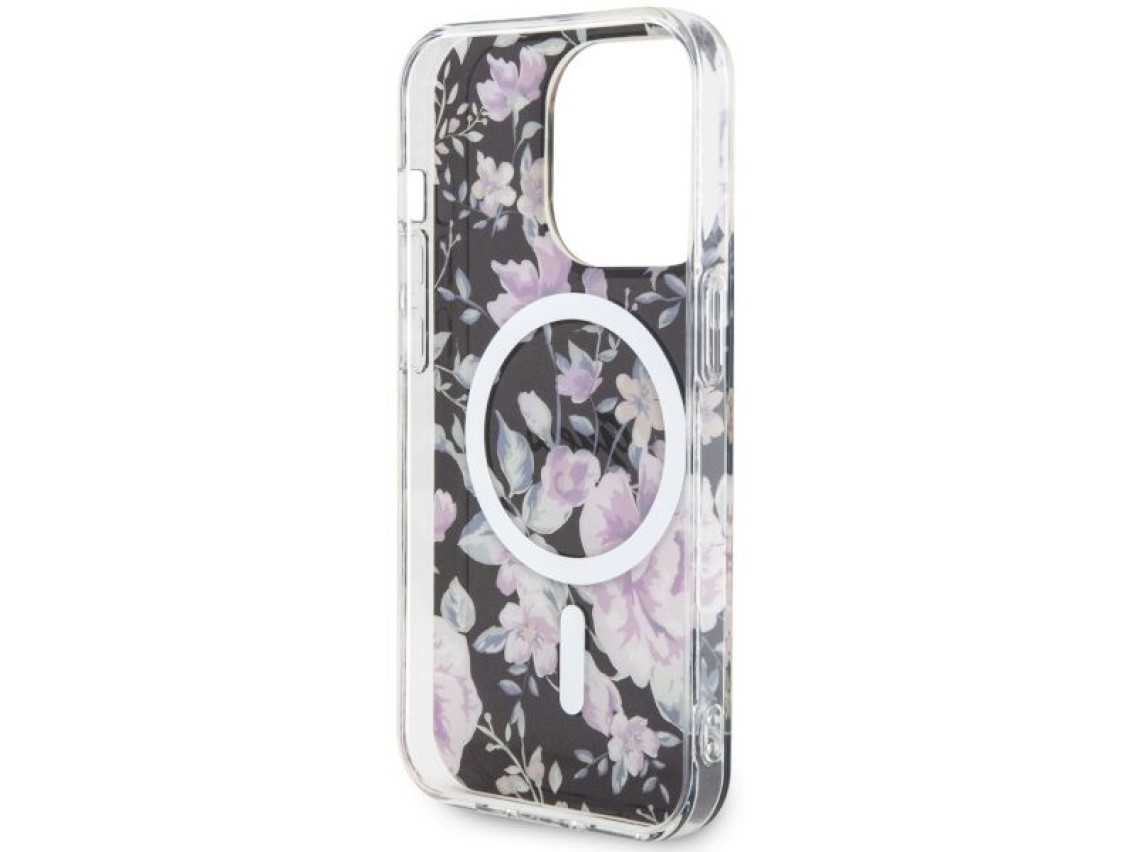 Capa rígida preta/preta com estampa floral e MagSafe Guess GUHMP14LHCFWSK para iPhone 14 Pro de 6,1"