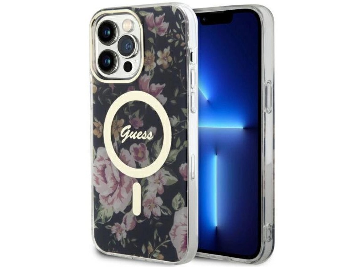 Capa rígida preta/preta Guess GUHMP14XHCFWSK para iPhone 14 Pro Max 6.7" com estampa floral e MagSaf