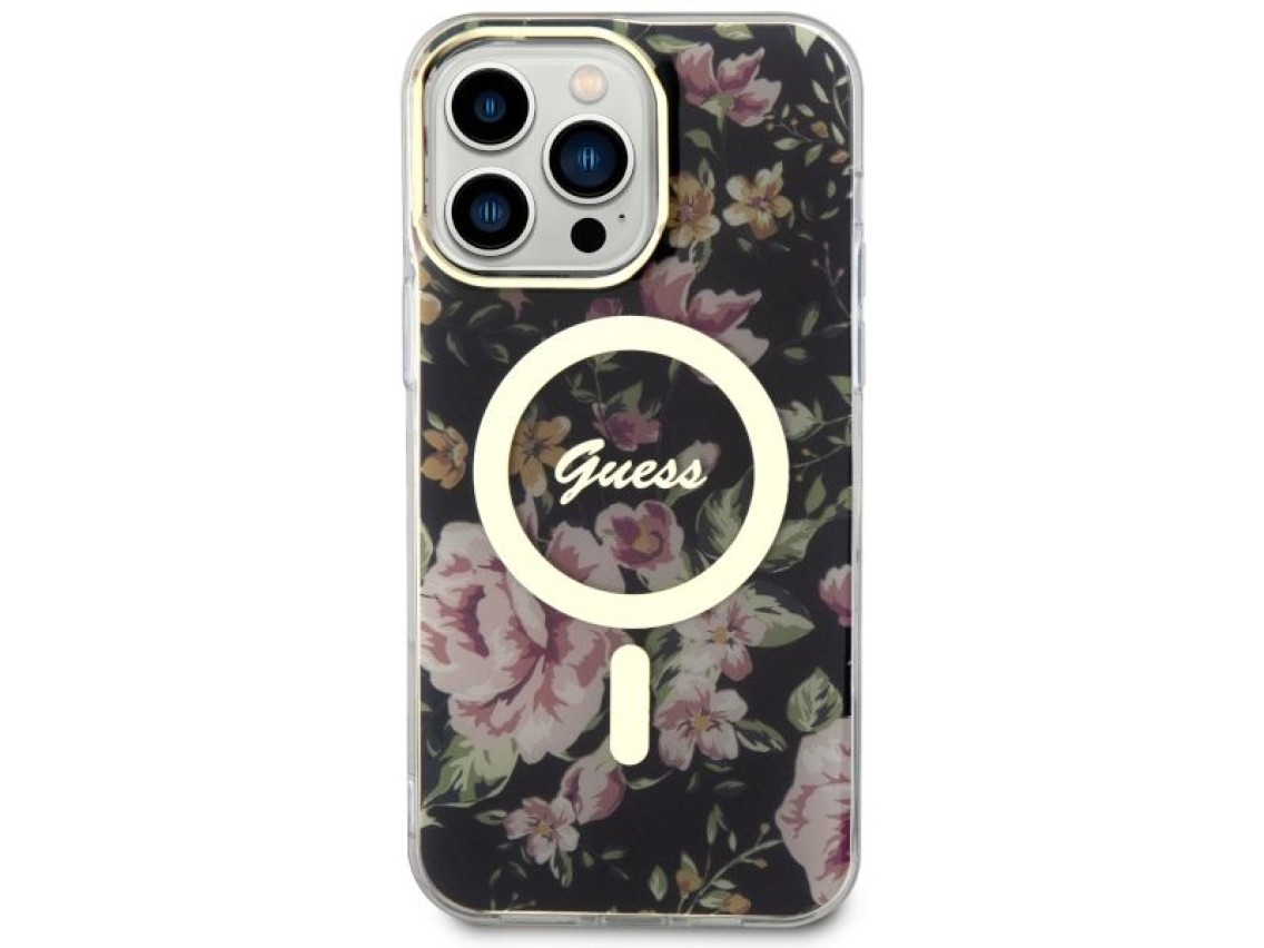 Capa rígida preta/preta Guess GUHMP14XHCFWSK para iPhone 14 Pro Max 6.7" com estampa floral e MagSaf