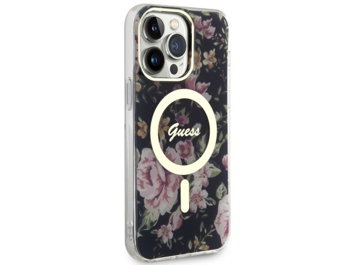Capa rígida preta/preta Guess GUHMP14XHCFWSK para iPhone 14 Pro Max 6.7" com estampa floral e MagSaf