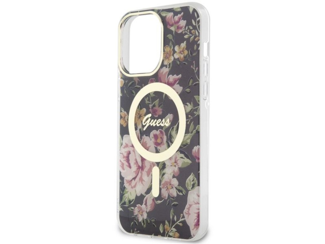 Capa rígida preta/preta Guess GUHMP14XHCFWSK para iPhone 14 Pro Max 6.7" com estampa floral e MagSaf