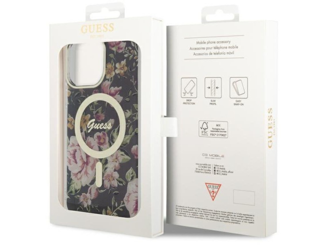 Capa rígida preta/preta Guess GUHMP14XHCFWSK para iPhone 14 Pro Max 6.7" com estampa floral e MagSaf
