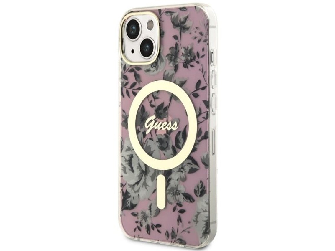 Funda Guess Flower MagSafe para iPhone 14 - rosa