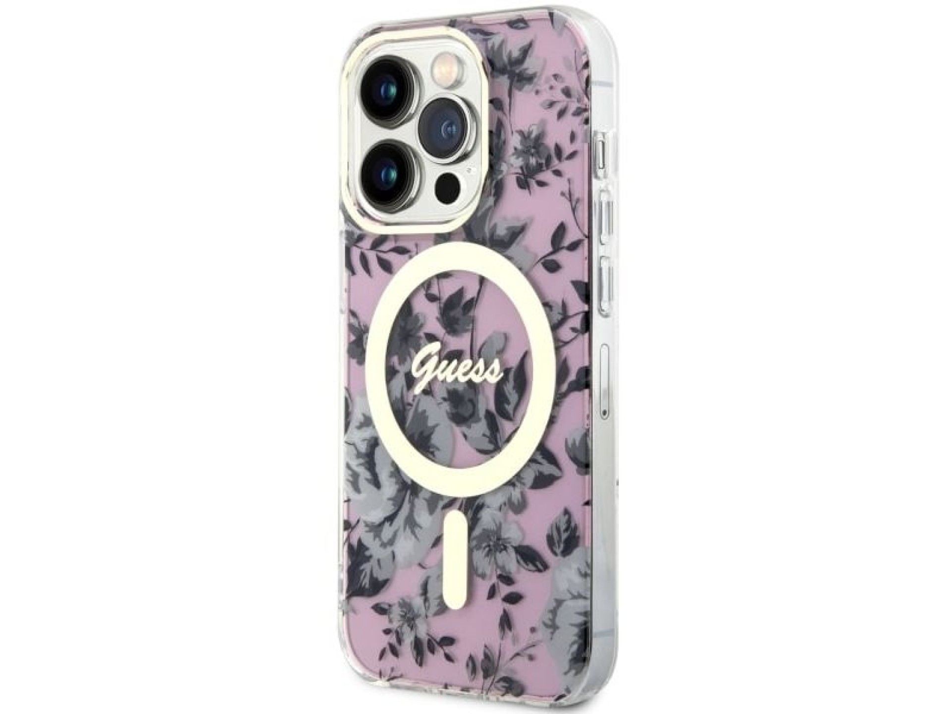 Capa rígida rosa com estampa floral MagSafe Guess GUHMP14XHCFWSP para iPhone 14 Pro Max 6.7