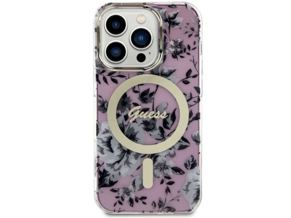 Capa rígida rosa com estampa floral MagSafe Guess GUHMP14XHCFWSP para iPhone 14 Pro Max 6.7"