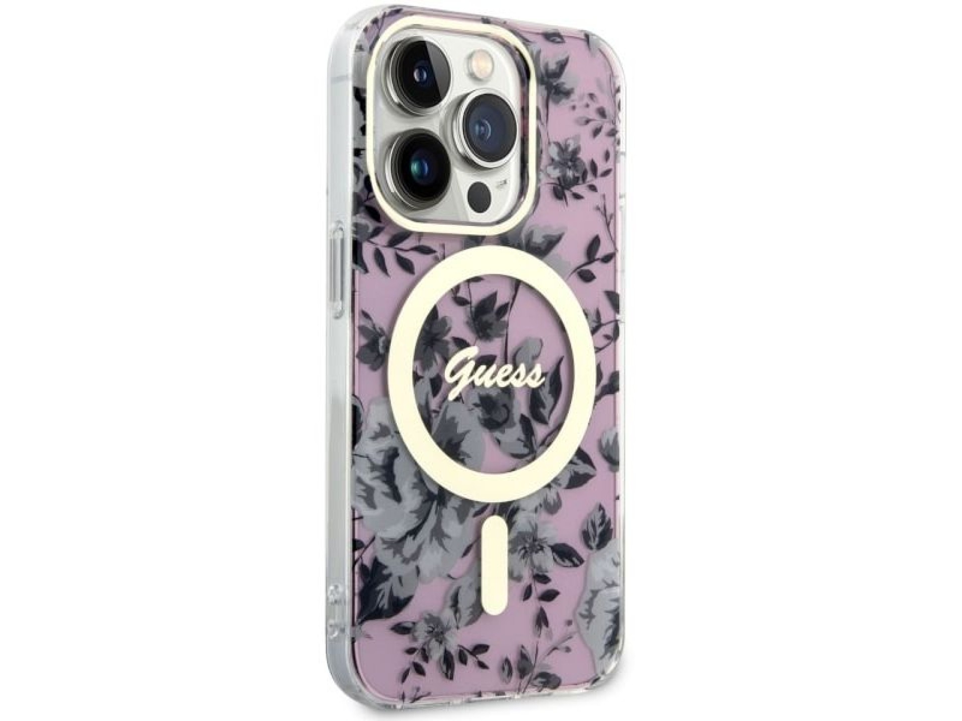 Capa rígida rosa com estampa floral MagSafe Guess GUHMP14XHCFWSP para iPhone 14 Pro Max 6.7