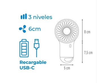 Ventilador de mano con gancho, 8 x 2,9 x 15,5 cm