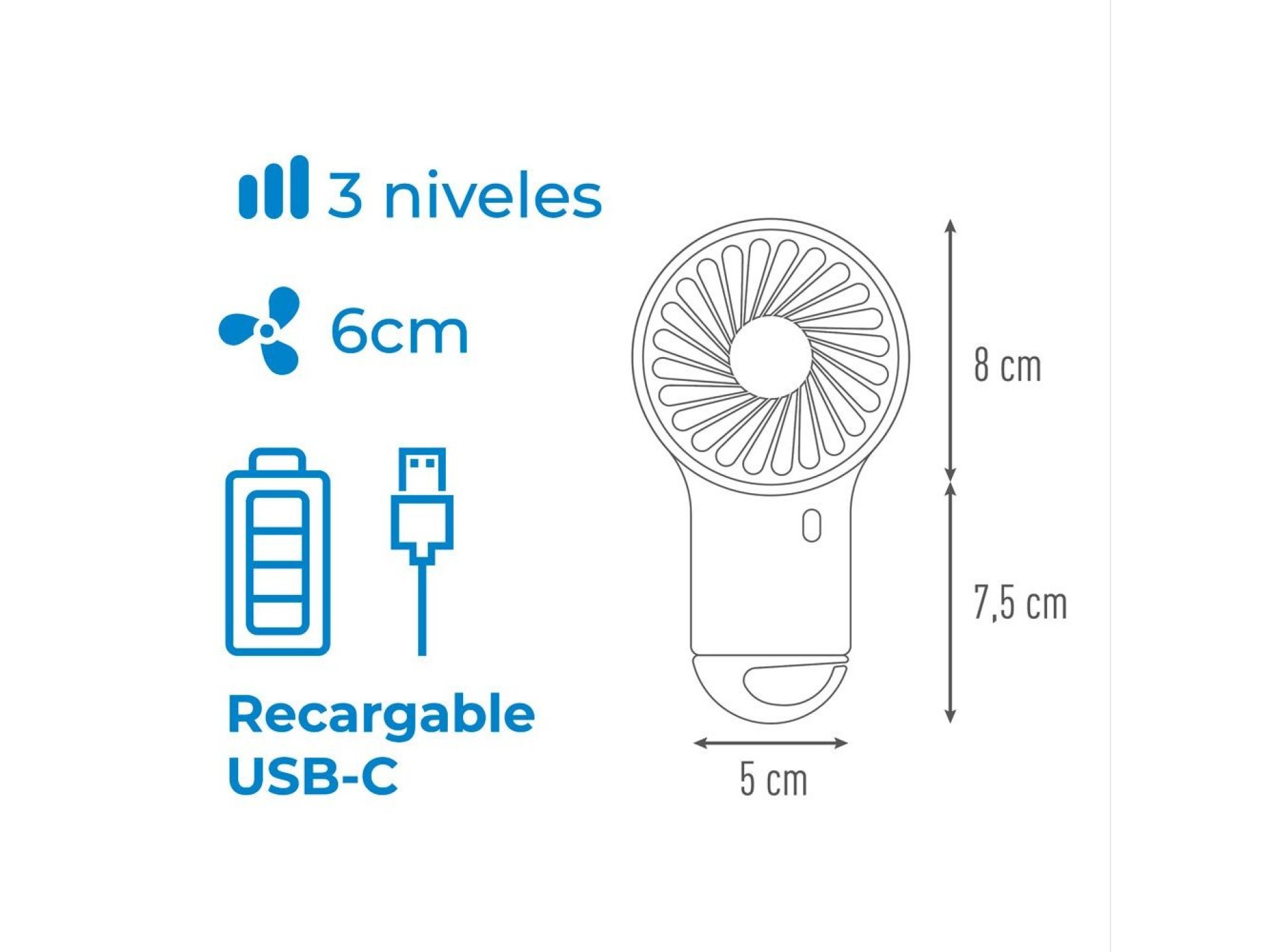 Ventilador de mano con gancho, 8 x 2,9 x 15,5 cm
