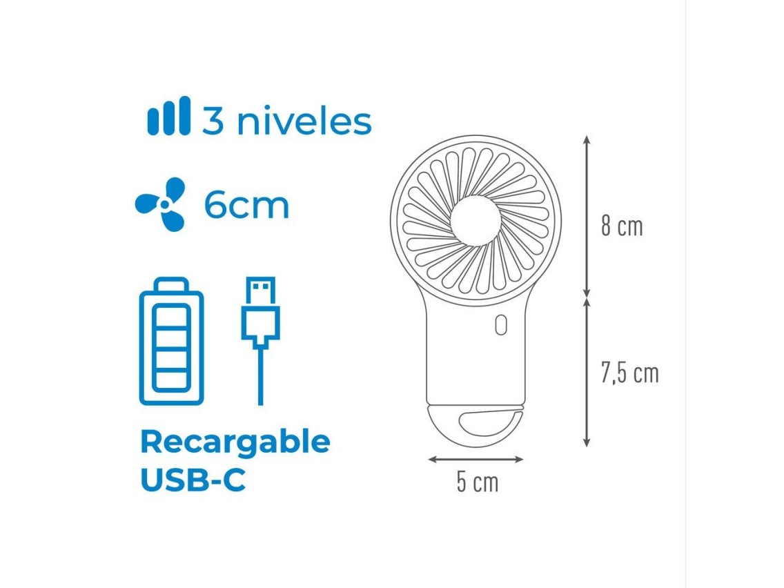 Ventilador de mano con gancho, 8 x 2,9 x 15,5 cm