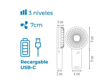 Ventilador de mano con base extraible y soporte para smartphone, 9 x 3 x 18 cm