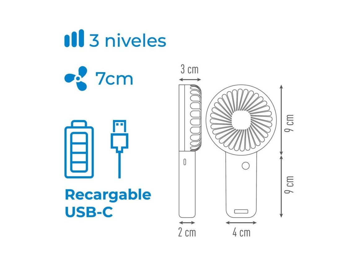 Ventilador de mano con base extraible y soporte para smartphone, 9 x 3 x 18 cm