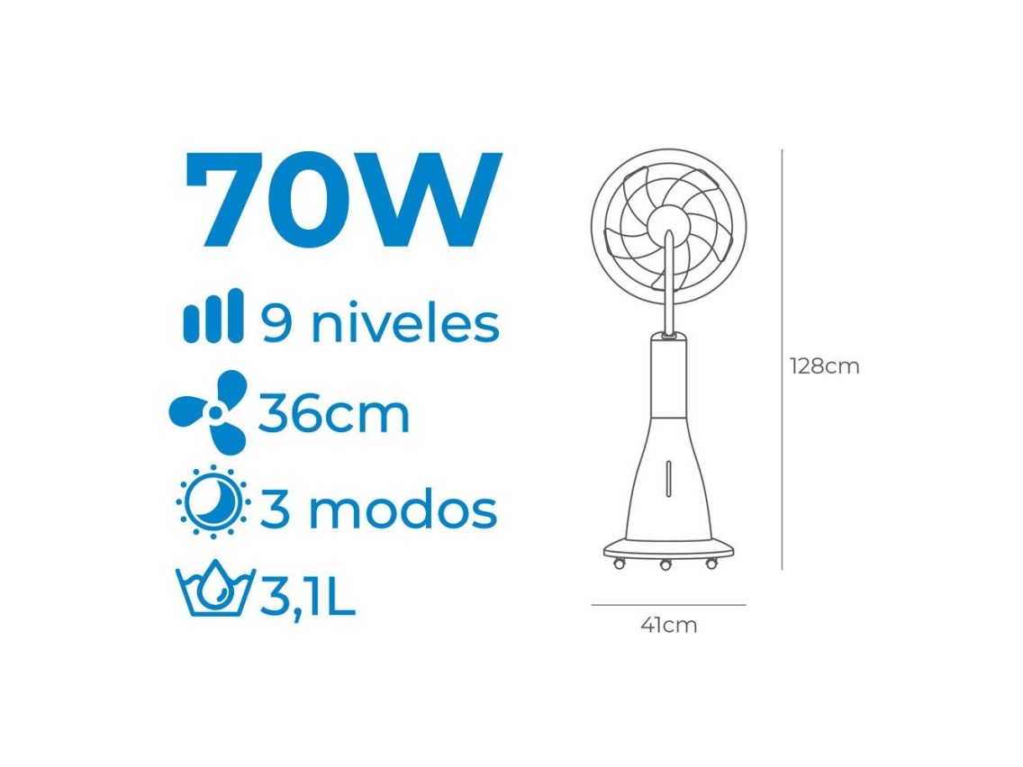 Ventilador nebulizador recargable 70 w, ø41 x 128 cm