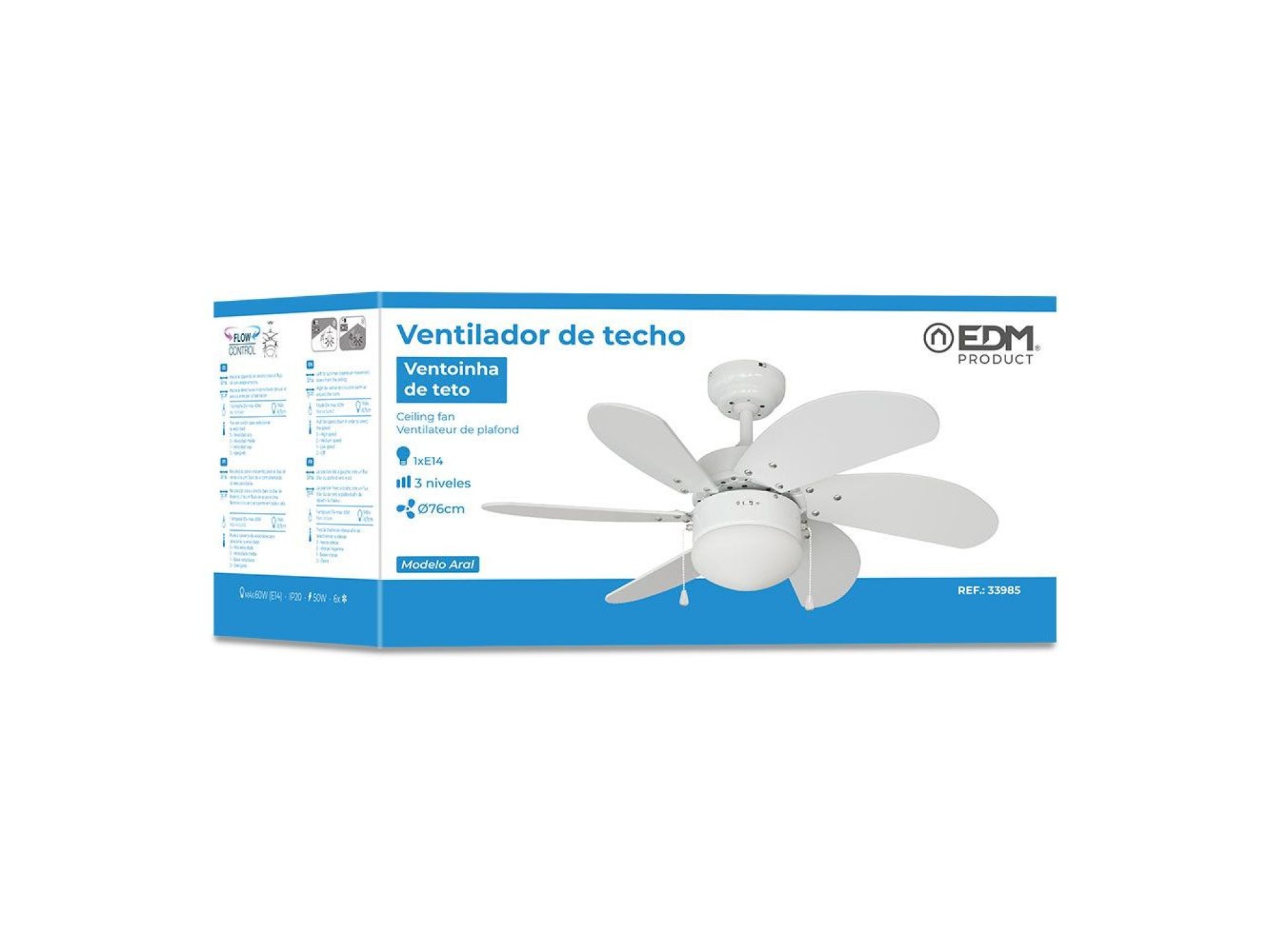 Ventoinha de teto modelo aral. cor branco. potência: 50 w pás: ø76cm