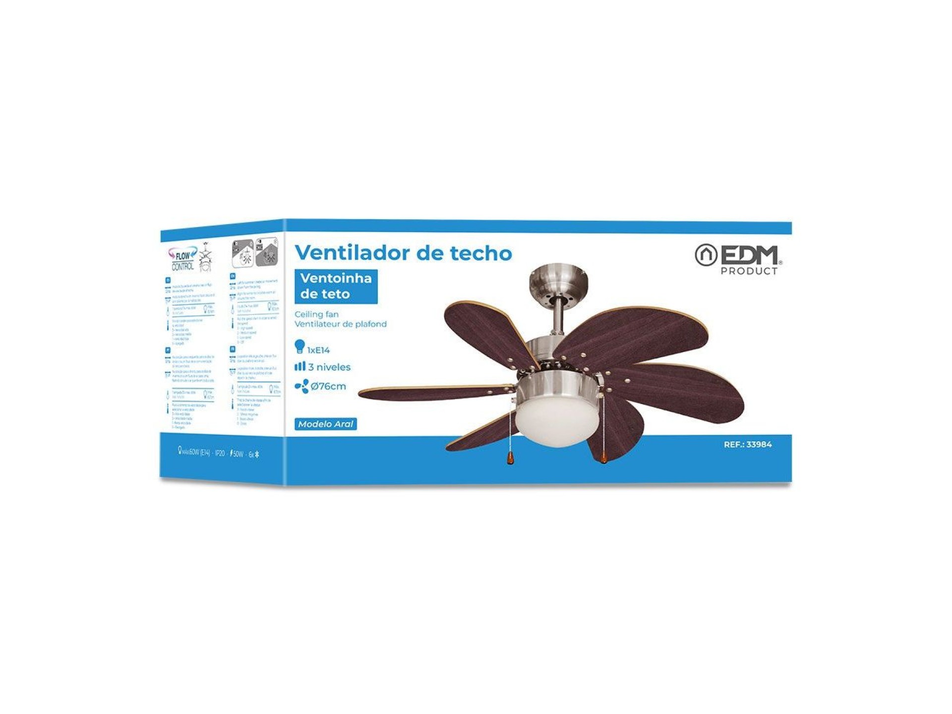 Ventoinha de teto modelo aral. cor wengue/níquel acetinado potência: 50w pás: ø76cm edm