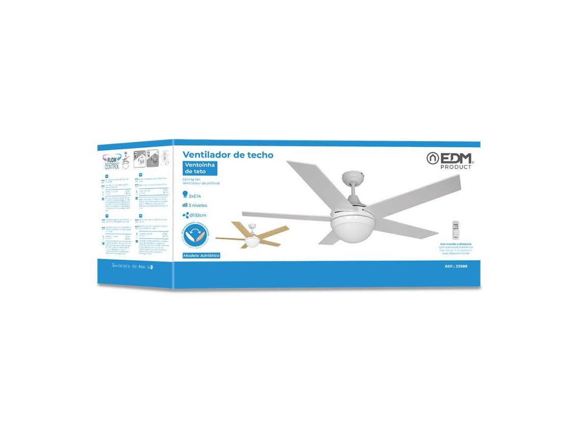 Ventilador de techo modelo adriatico. color blanco. potencia: 60w aspas: ø132cm con mando a distanci