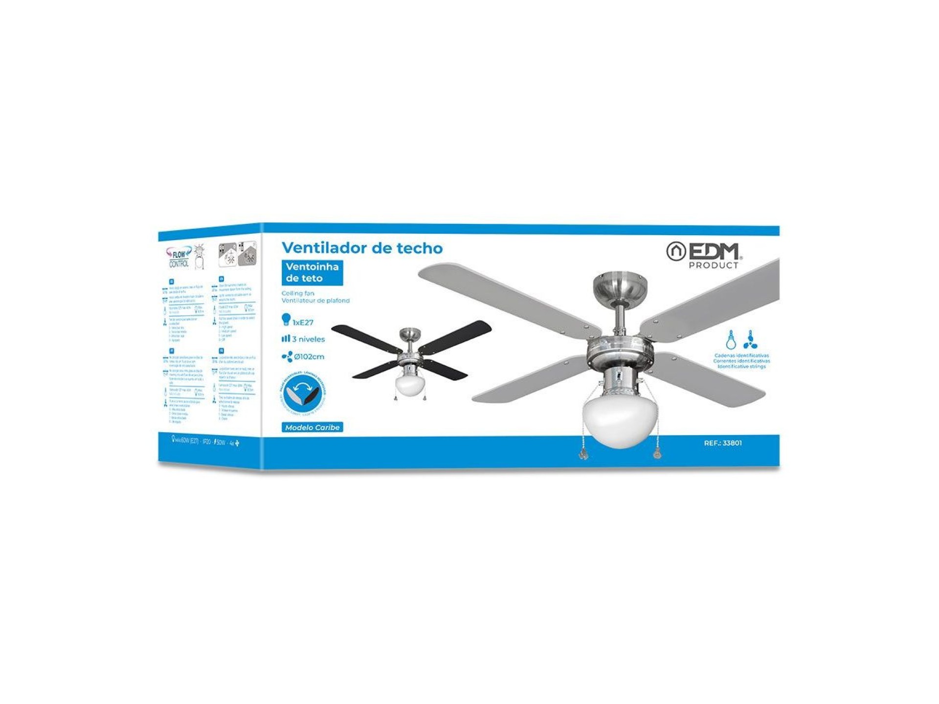 Ventilador de techo modelo caribe. color cromado. potencia: 50w aspas: ø102 cm edm