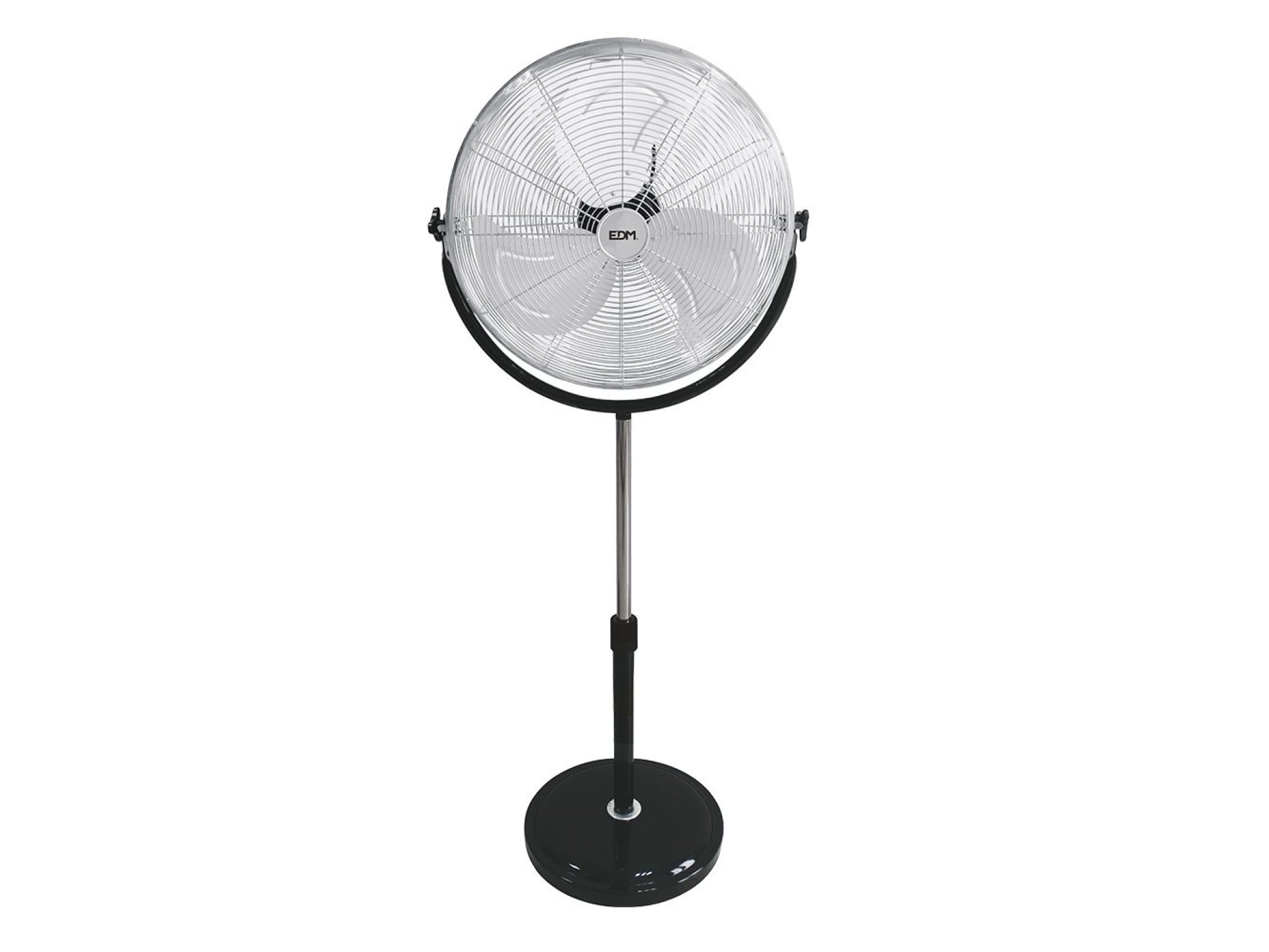 Industrial stand fan with round base, chrome/black, 120w power, 64,9 db, ø50 cm blades, adjustable h