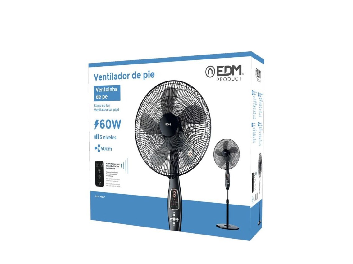 Ventilador de pie mando a distancia, negro, potencia 60 w, 62,9 db, aspas ø40 cm, altura regulable 1