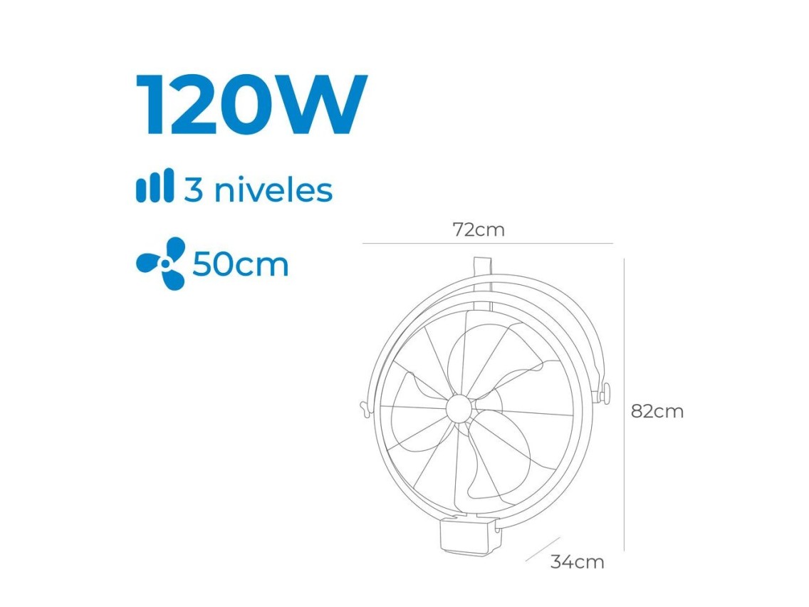 Ventilador pared-techo industrial, potencia 120 w, 64,9 db, aspas ø50 cm