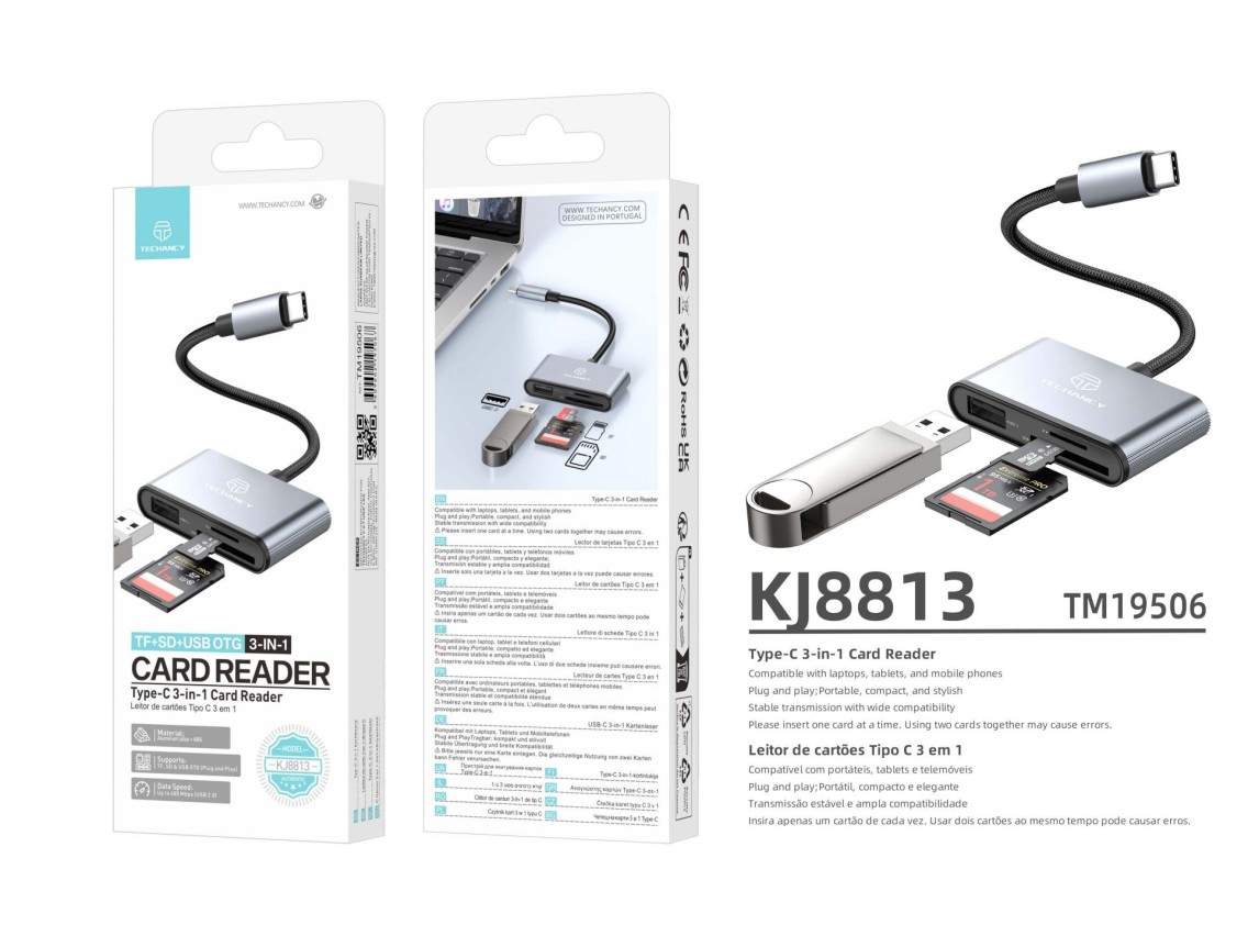 Techancy Leitor de Cartoes KJ8813 USB-C 3 em 1 TF SD USB OTG Plug and Play Compativel com Telemovel