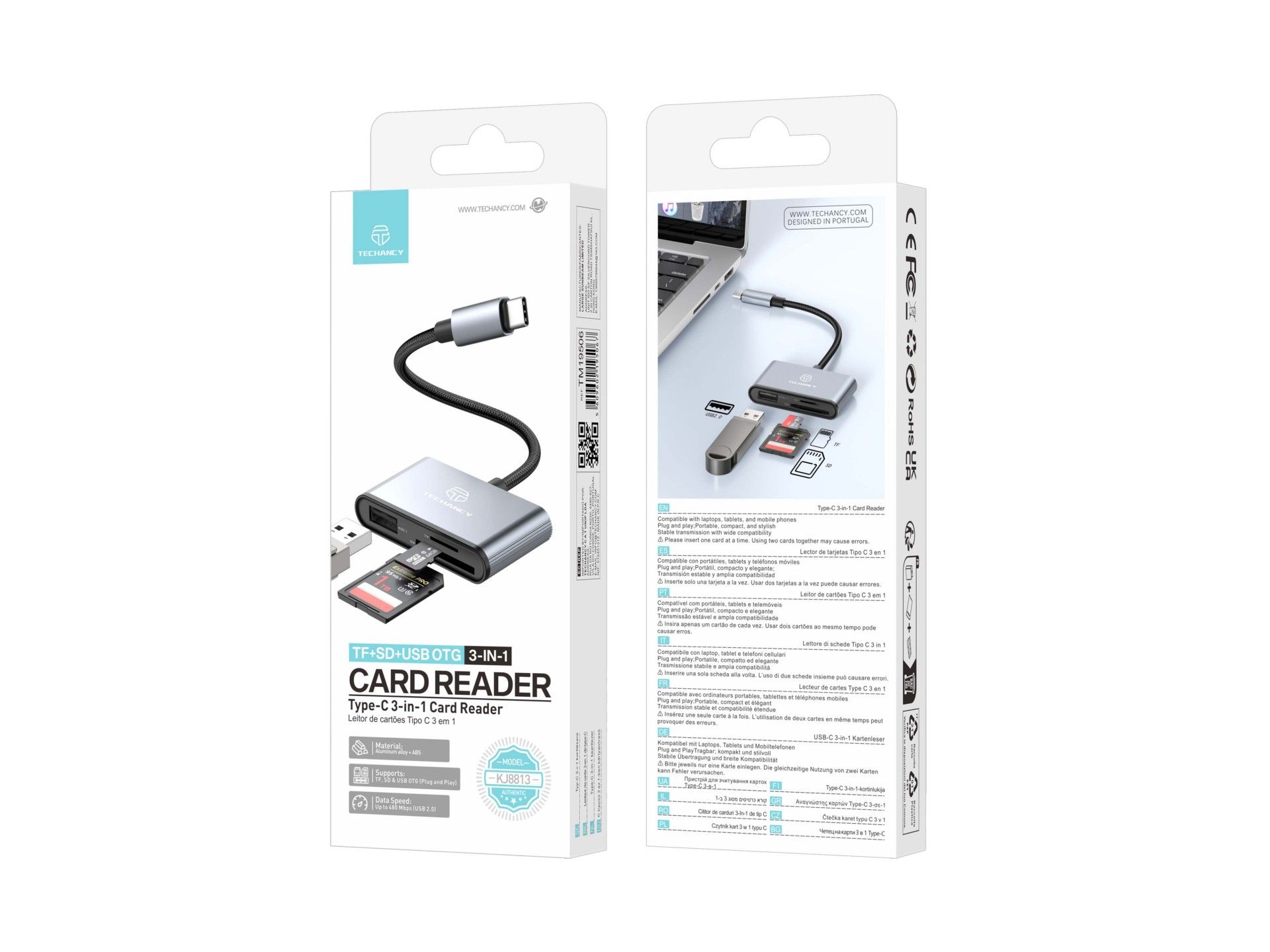 Techancy Leitor de Cartoes KJ8813 USB-C 3 em 1 TF SD USB OTG Plug and Play Compativel com Telemovel