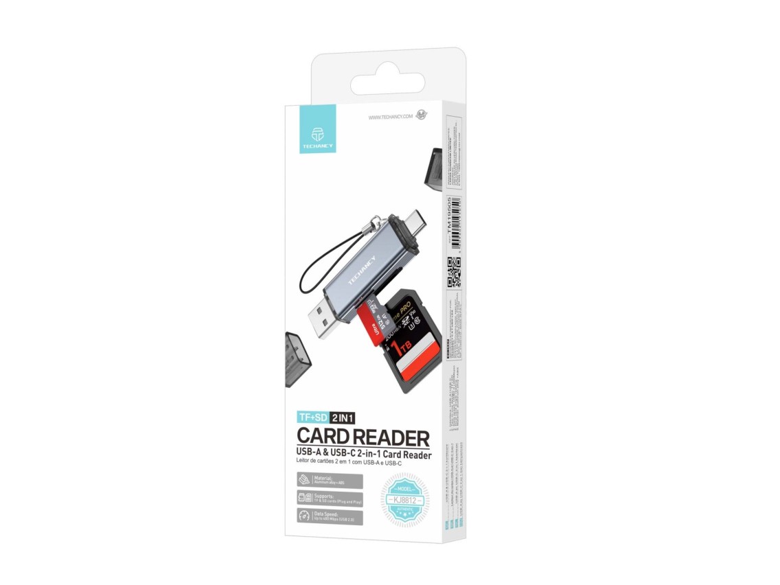 Techancy Leitor de Cartoes KJ8812 USB-A + USB-C 2 em 1 para Cartoes TF SD Plug and Play Compativel c