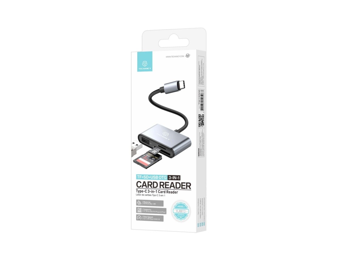 Techancy Leitor de Cartoes KJ8813 USB-C 3 em 1 TF SD USB OTG Plug and Play Compativel com Telemovel