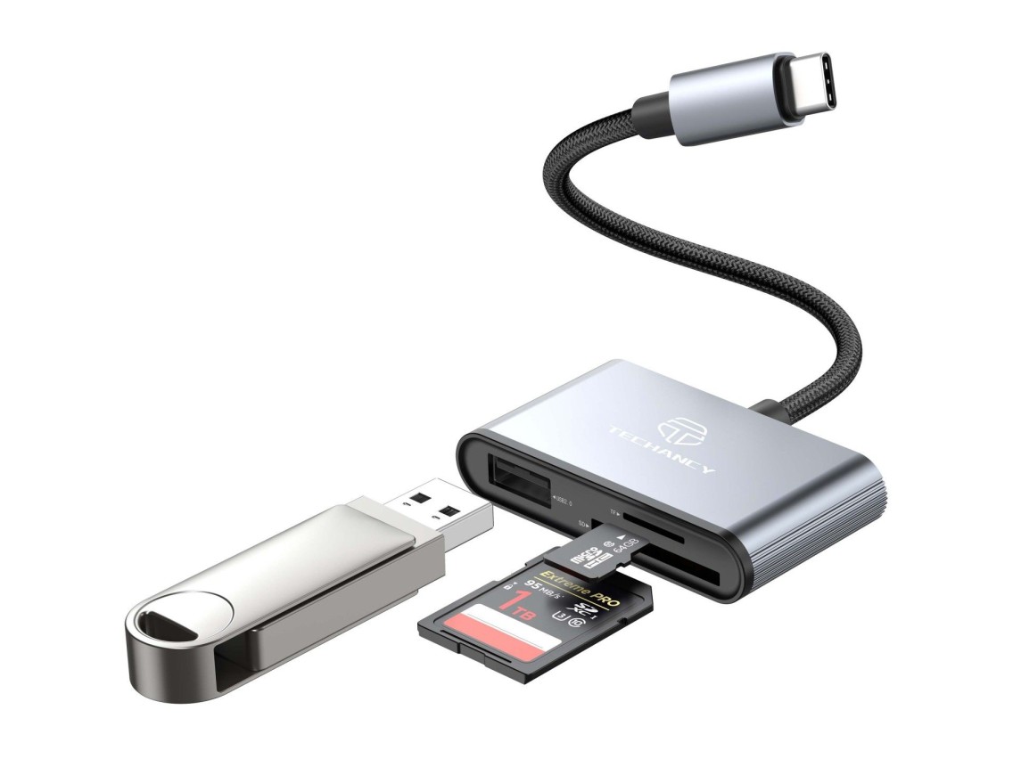 Techancy Leitor de Cartoes KJ8813 USB-C 3 em 1 TF SD USB OTG Plug and Play Compativel com Telemovel
