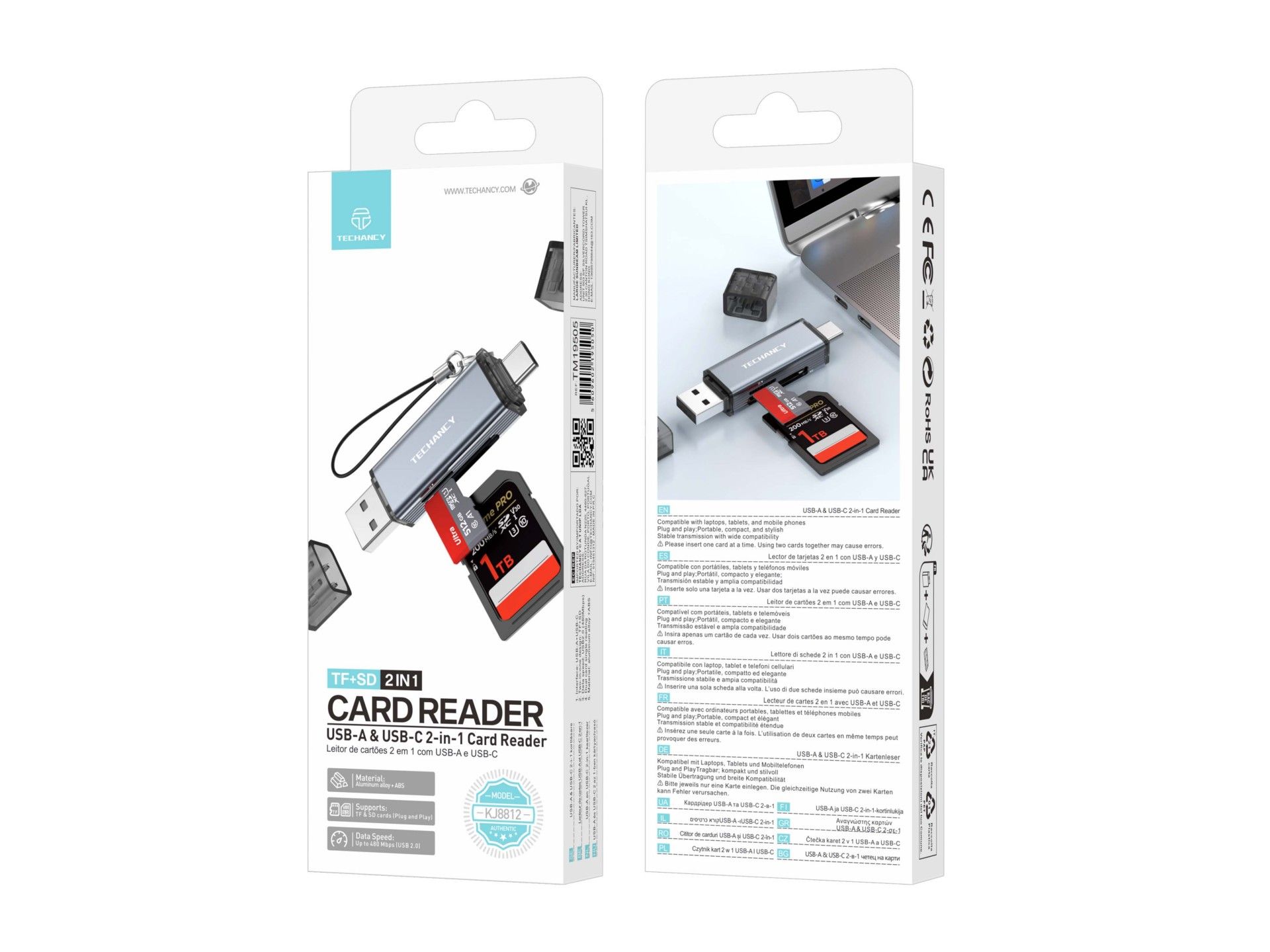 Lector de tarjetas Techancy KJ8812 USB-A + USB-C 2 en 1 para tarjetas TF y SD, Plug and Play, compat
