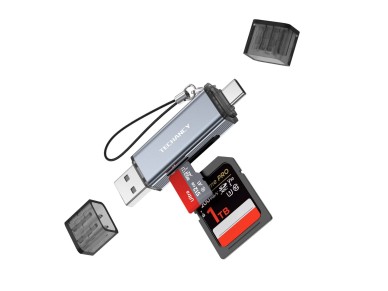 Techancy Leitor de Cartoes KJ8812 USB-A + USB-C 2 em 1 para Cartoes TF SD Plug and Play Compativel c
