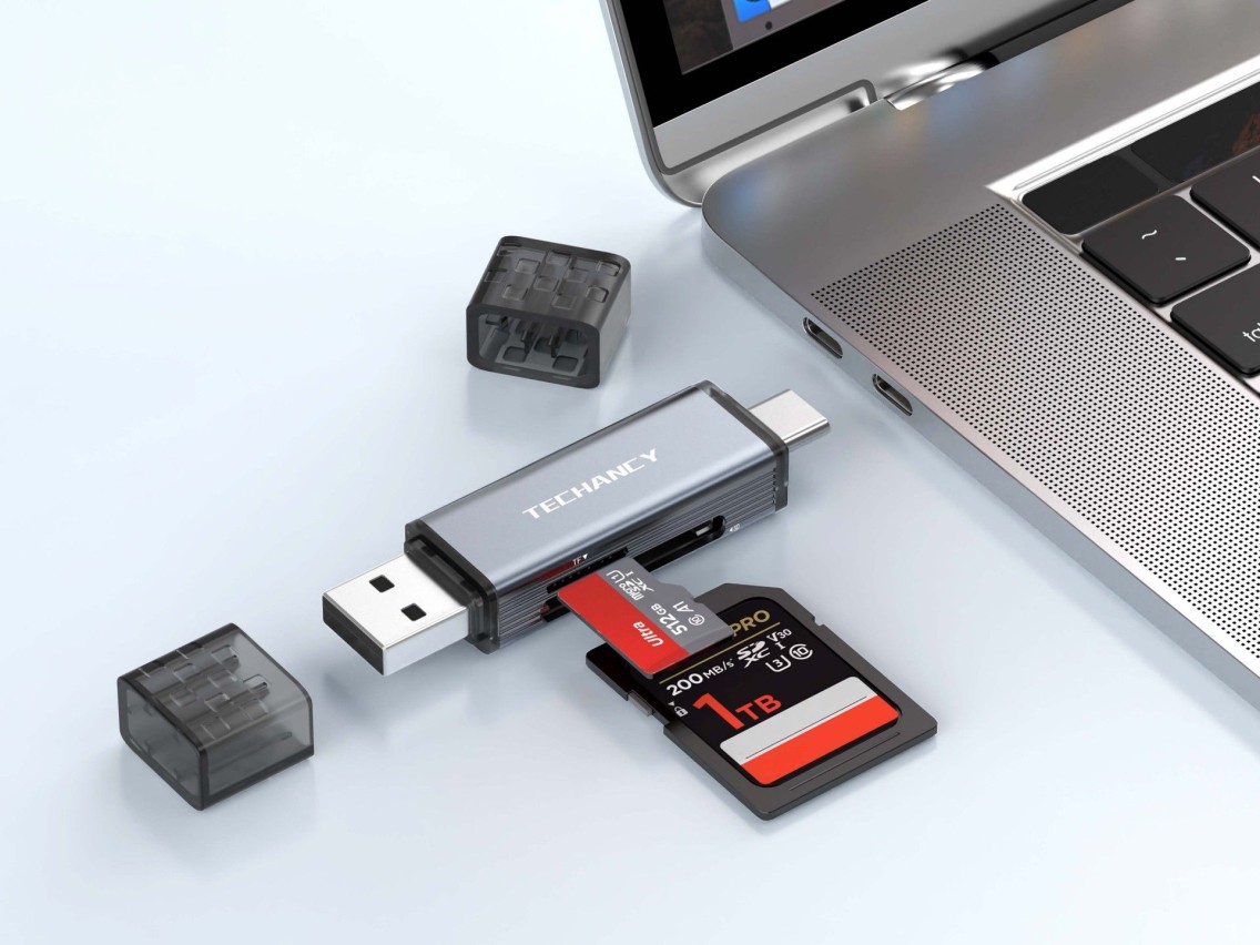 Techancy Leitor de Cartoes KJ8812 USB-A + USB-C 2 em 1 para Cartoes TF SD Plug and Play Compativel c