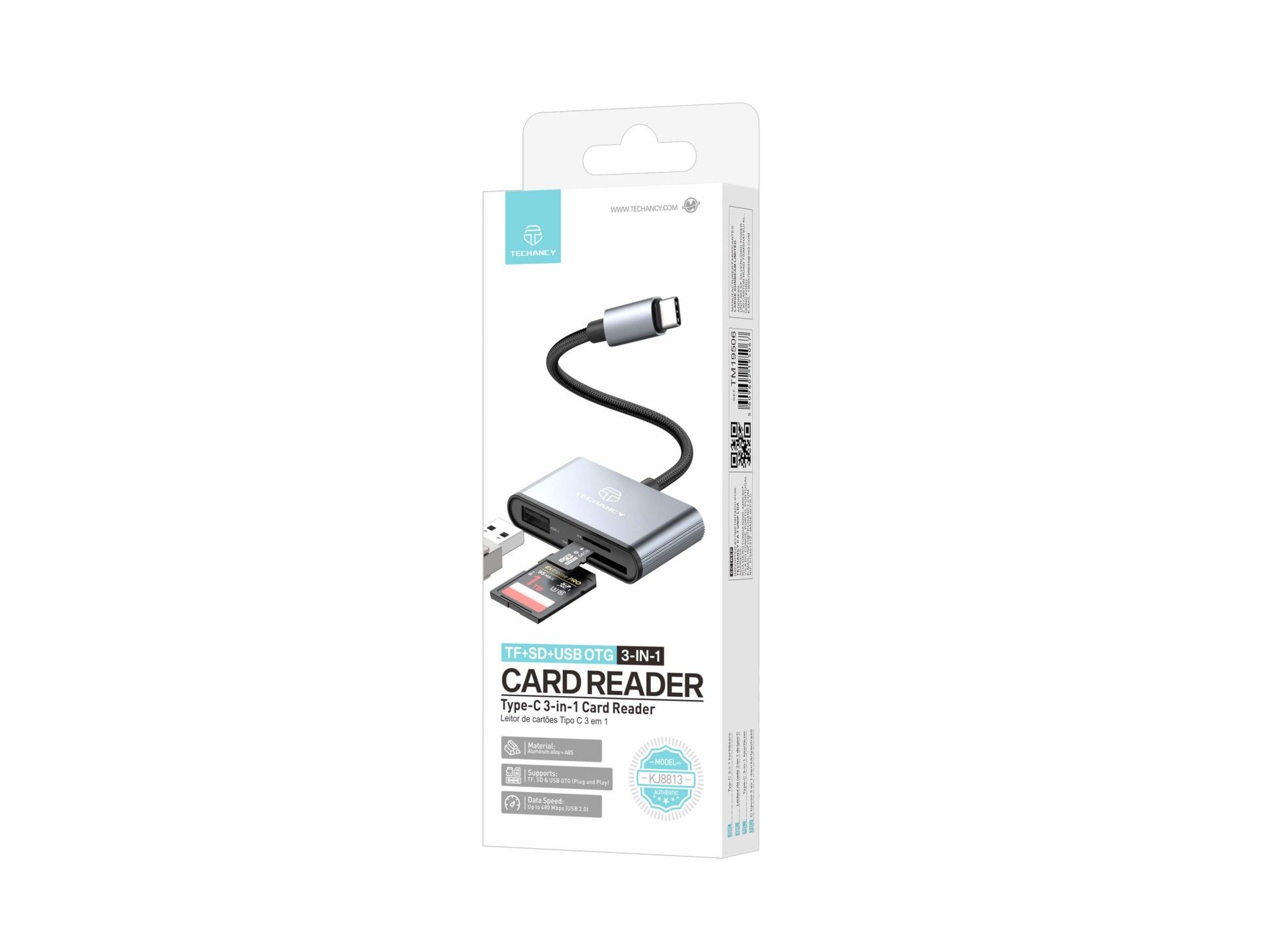 Techancy Leitor de Cartoes KJ8813 USB-C 3 em 1 TF SD USB OTG Plug and Play Compativel com Telemovel