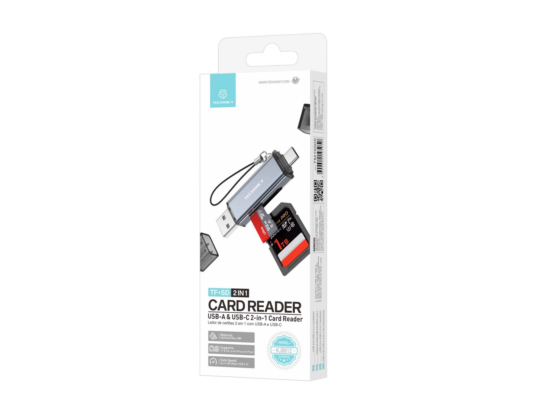 Techancy Leitor de Cartoes KJ8812 USB-A + USB-C 2 em 1 para Cartoes TF SD Plug and Play Compativel c
