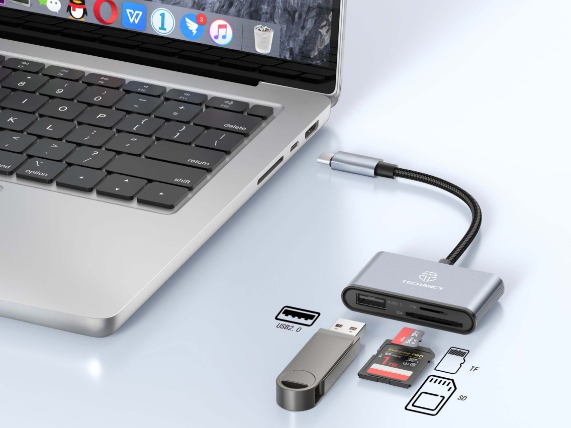Techancy Leitor de Cartoes KJ8813 USB-C 3 em 1 TF SD USB OTG Plug and Play Compativel com Telemovel