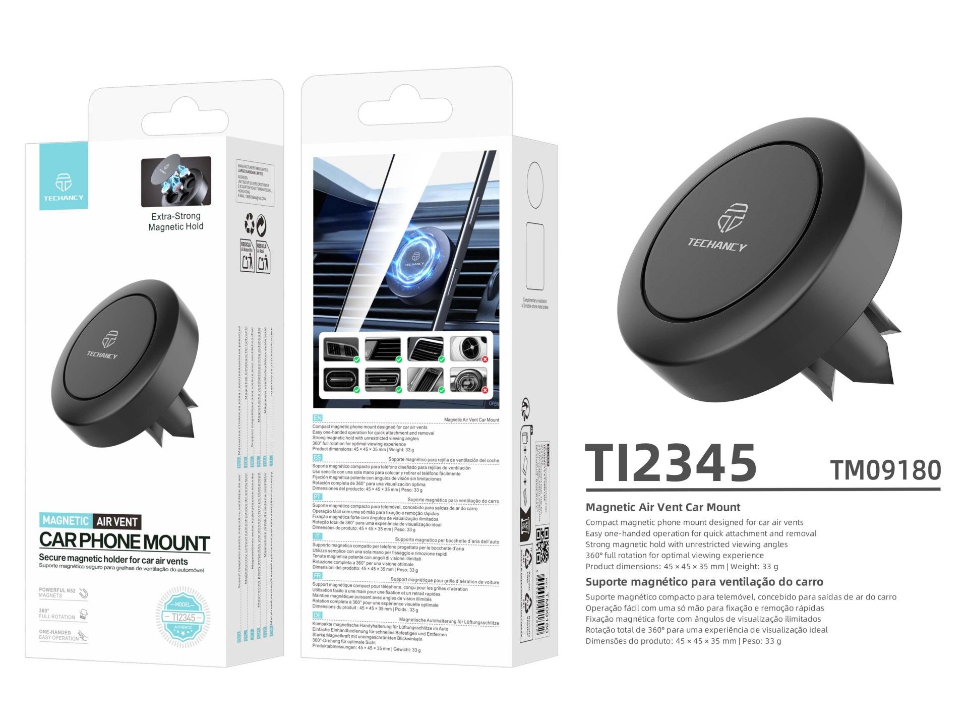 Techancy Suporte Magnetico para Telemovel TI2345 Suporte de Ventilacao para Carro Rotacao 360 Graus