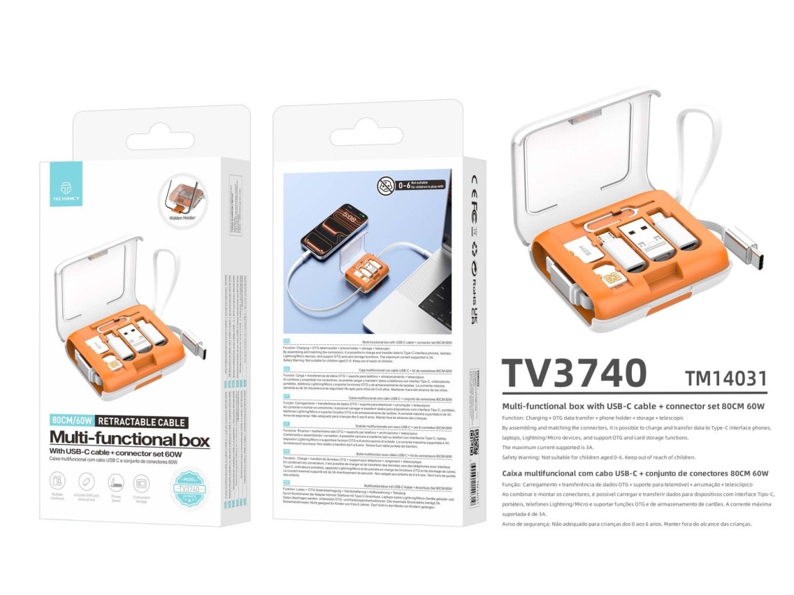 Techancy Caixa Multifuncional TV3740 Cabo USB-C Retratil 80CM 60W Conjunto de Adaptadores Carregamen