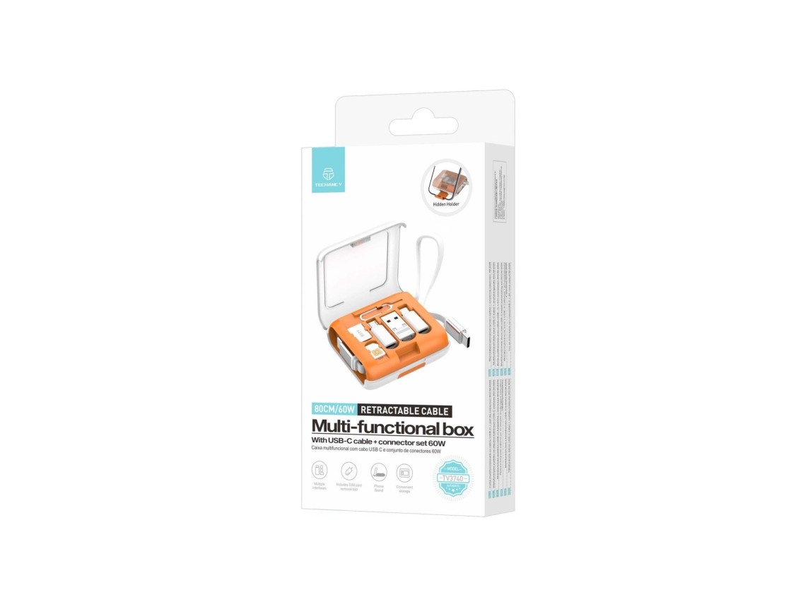 Techancy Caixa Multifuncional TV3740 Cabo USB-C Retratil 80CM 60W Conjunto de Adaptadores Carregamen