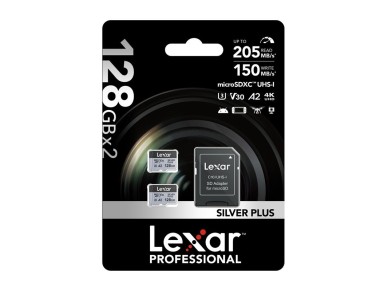 Conjunto de 2 cart�es de mem�ria Lexar High-Performance Silver Plus microSDXC 2x128GB + adaptador