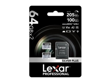 Conjunto de 2 cartões de memória Lexar High-Performance Silver Plus microSDXC 2x64GB + adaptador Conjunto de 2 cartões de memória Lexar High-Performance Silver Plus microSDXC 2x64GB + adaptador