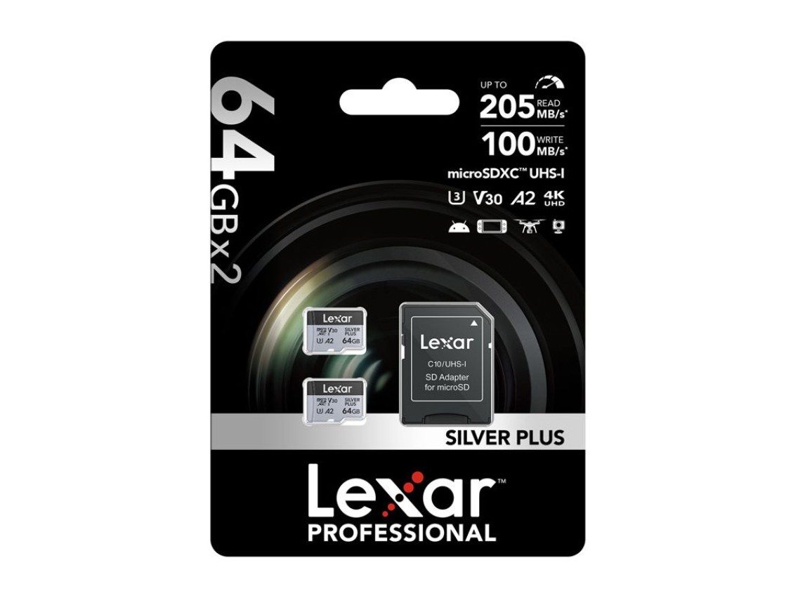 Set of 2 Lexar High-Performance Silver Plus microSDXC 2x64GB memory cards + adapter