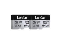 Set of 2 Lexar High-Performance Silver Plus microSDXC 2x64GB memory cards + adapter
