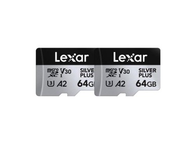 Conjunto de 2 cartões de memória Lexar High-Performance Silver Plus microSDXC 2x64GB + adaptador Conjunto de 2 cartões de memória Lexar High-Performance Silver Plus microSDXC 2x64GB + adaptador