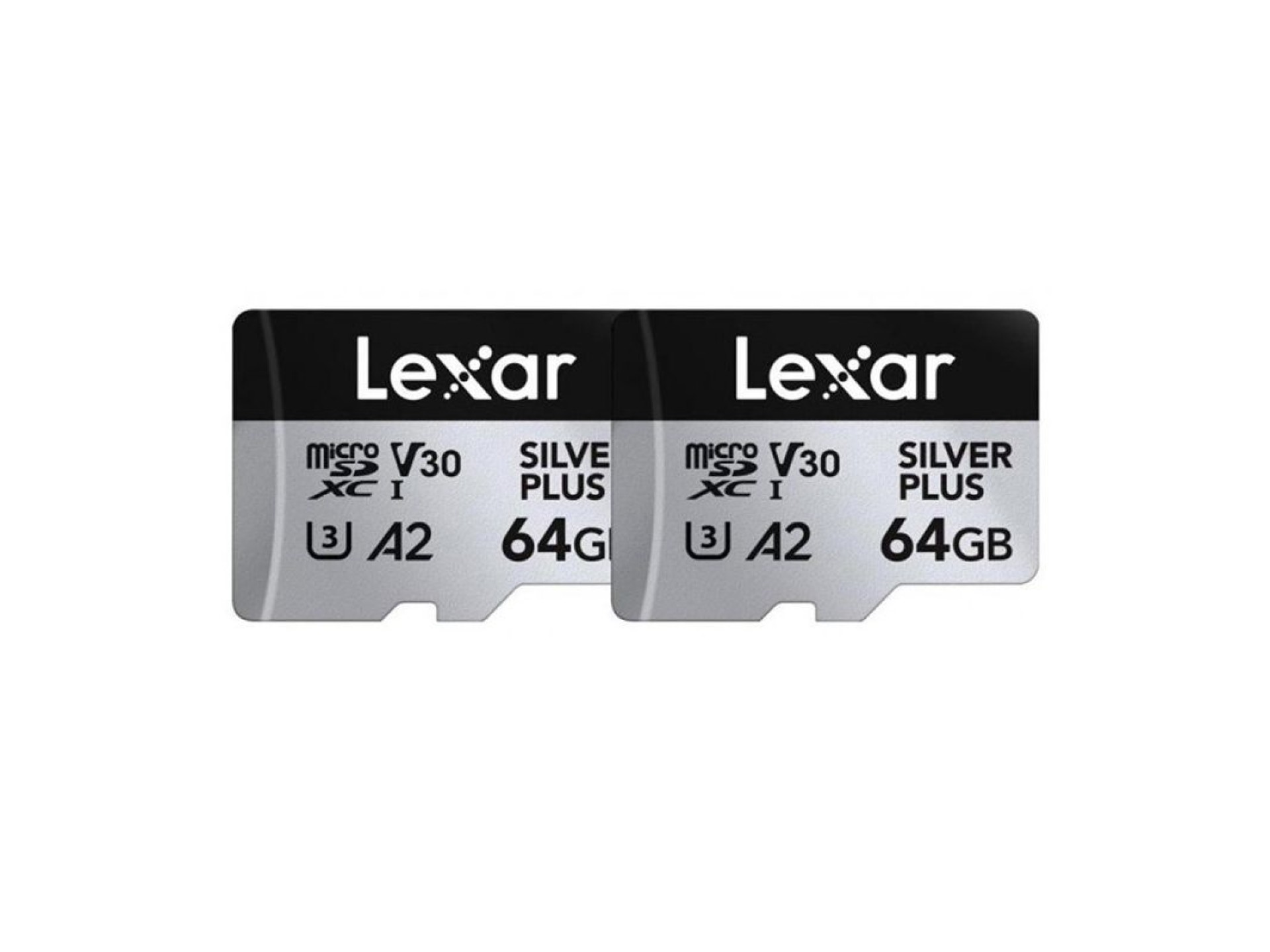 Set of 2 Lexar High-Performance Silver Plus microSDXC 2x64GB memory cards + adapter