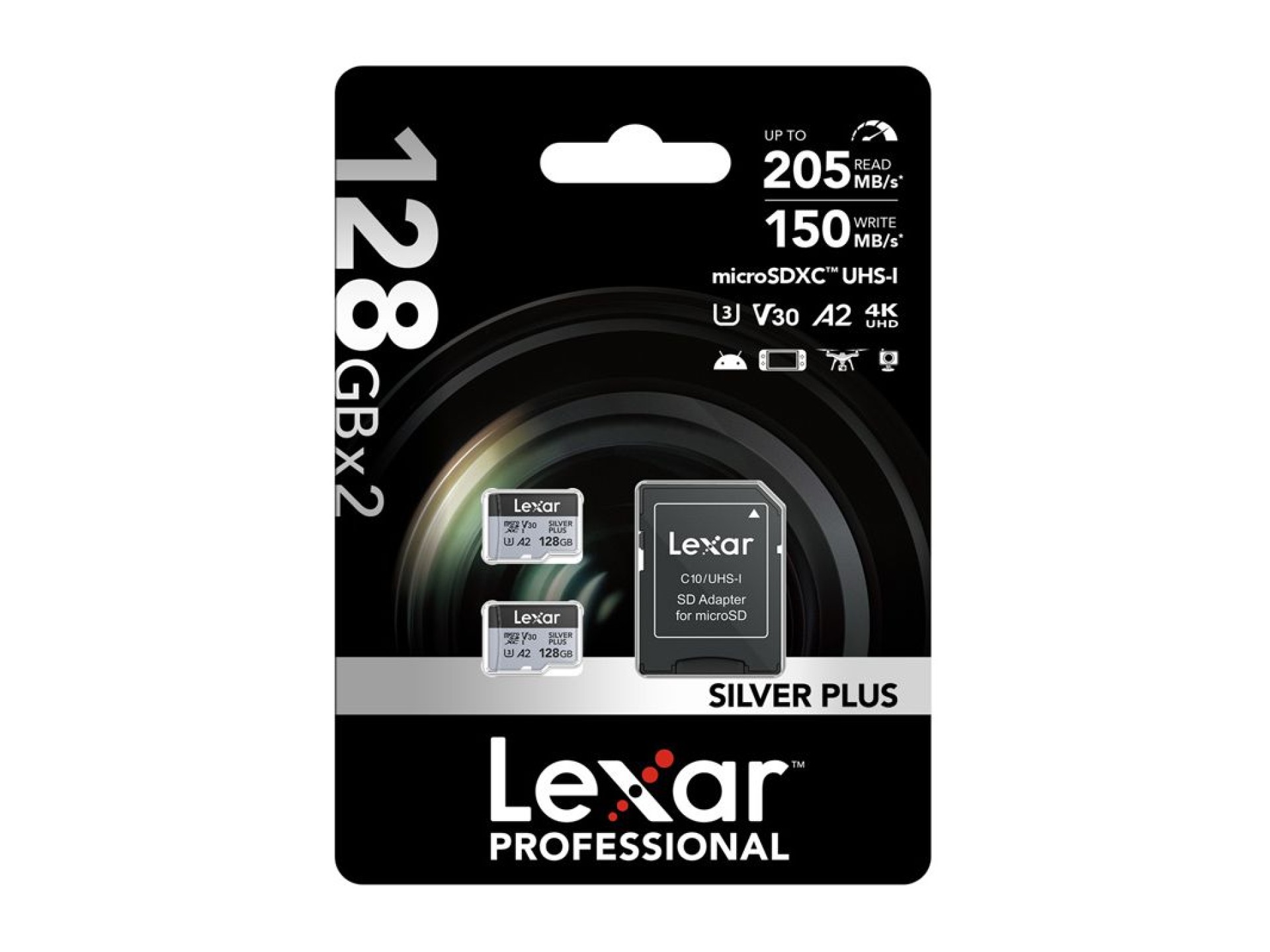 Set of 2 Lexar High-Performance Silver Plus microSDXC 2x128GB memory cards + adapter