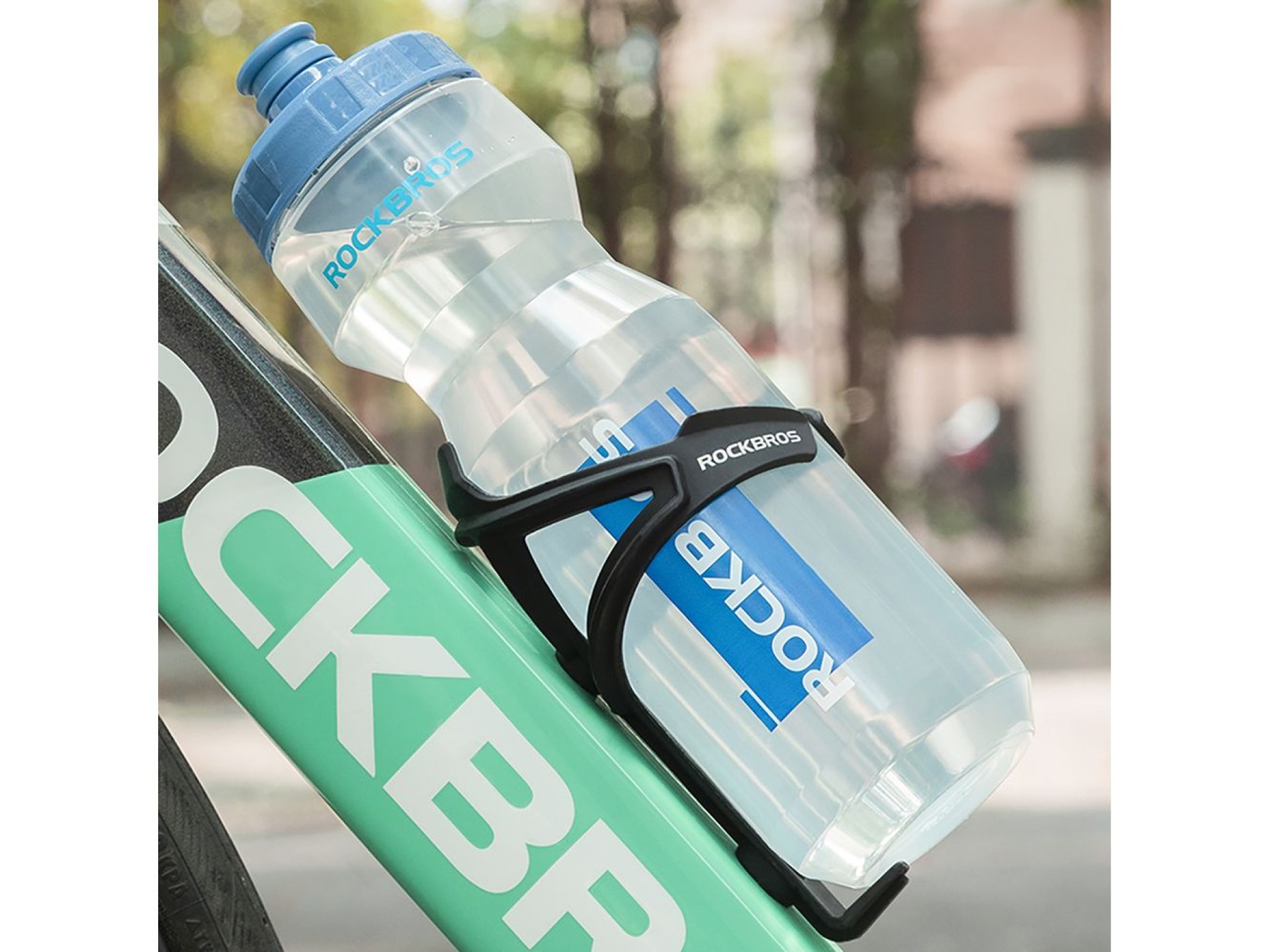 Garrafa de bicicleta Rockbros de 750 ml - Transparente com bocal azul