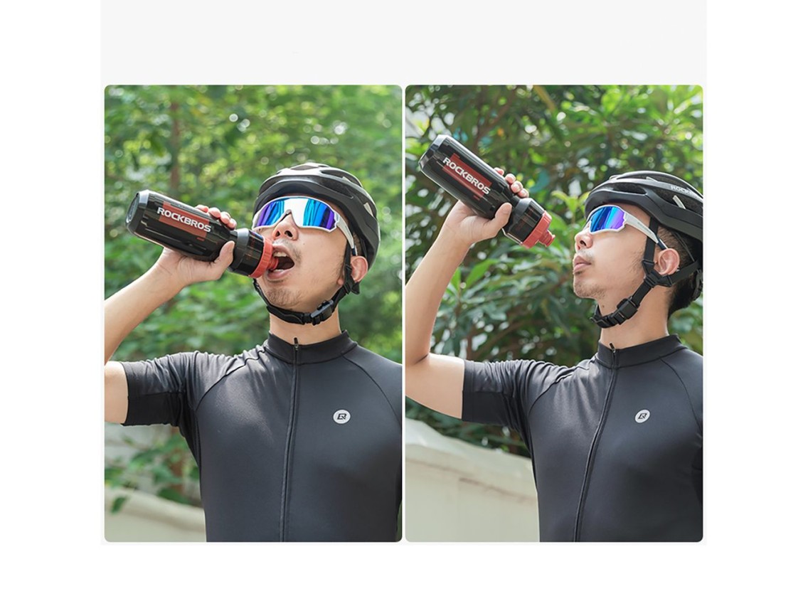 Garrafa de bicicleta Rockbros de 750 ml - Preta transparente com bocal vermelho
