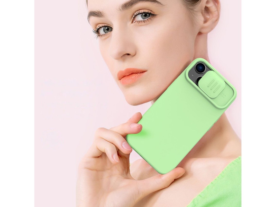 Capa de silicone Nillkin CamShield Silky para iPhone 14 Plus com protetor de câmera verde
