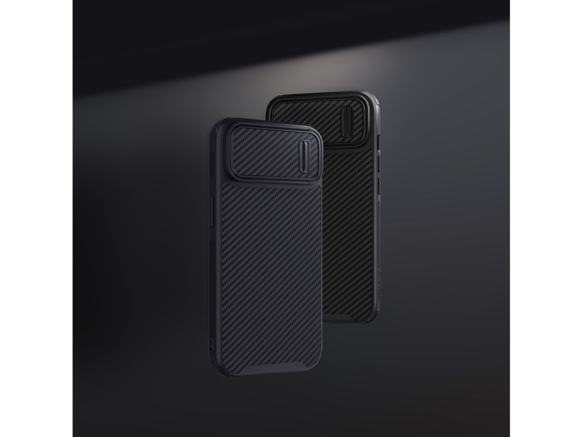Funda Nillkin Synthetic Fiber S para iPhone 14 con tapa para la cámara, color negro.