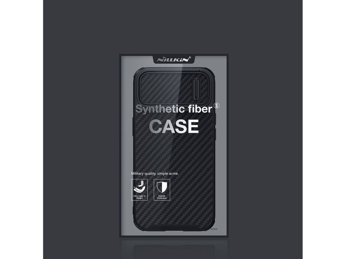 Funda Nillkin Synthetic Fiber S para iPhone 14 con tapa para la cámara, color negro.